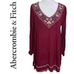 Abercrombie &Fitch embroidered v neck burgundy dress tunic balloon sleeve size S